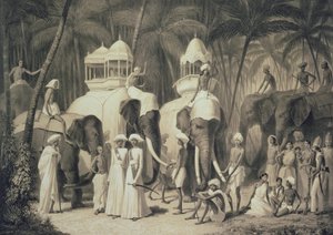 Elefantes do Raja de Travandrum, de &39;Voyage in India&39;, gravada por Louis Henri de Rudder (1807-81)