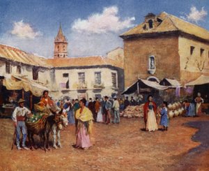 Málaga, Um Mercado (cor litho) de A. Trevor Haddon