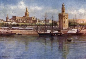Sevilha, A Torre del Oro e a Catedral (cor litho) de A. Trevor Haddon