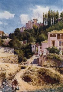 A Alhambra, Torre de las Damas do Rio Darro (cor litho) de A. Trevor Haddon