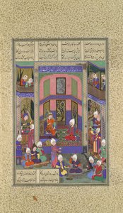 Manuchihr dá as boas-vindas a Sam, mas ordena guerra ao Mihrab, Folio 80v do Shahnama..., c.1525. de 