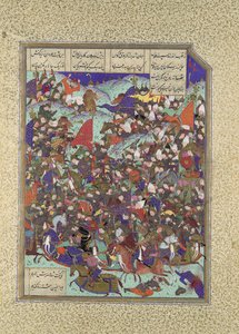 Kai Khusrau Derrota o Exército de Makran, Folio 376v do Shahnama Book of..., ca. 1525-30.