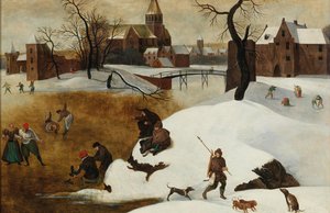 Paisagem de inverno com patinadores.