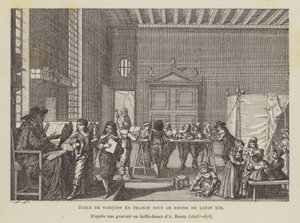 A escola dos meninos franceses durante o reinado de Luís XIII (litho) de Abraham (after) Bosse