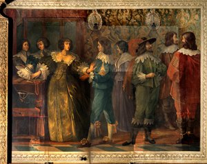 Cena da vida de Charles de Valois (1573-1650), Duque de Angouleme - Cena de festa dada por ocasião do casamento de Charles de Valois com sua segunda esposa em 1644 - Uma mulher, abordada por um cortesão, apreende para colocar sua coleira - Fresco de Abrah