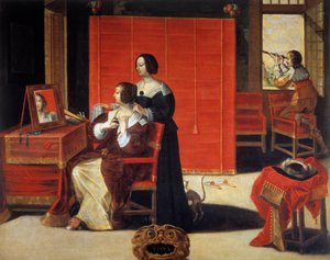 Os Cinco Sentidos: A Vista Uma jovem mulher em frente ao seu espelho enquanto um homem usa uma luneta astronómica. Pintura de Abraham Bosse (1602-1676). Século XVII. Tours, Museu de Belas Artes