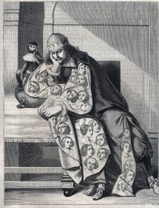 O homem cheio de malícia: um homem com uma capa dupla de cabeça de mulher medita com um macaco ao seu lado. Reprodução de uma estampa de Abraham Bosse (1604-1676). de Abraham (after) Bosse