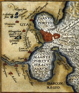 O antigo porto de Siracusa na Sicília após o "Atlas" de Abrahm Ortelius