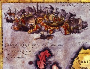 O fim da Armada Invencível ao largo da Escócia. De acordo com o Atlas de Abrahm Ortelius, Antuérpia.