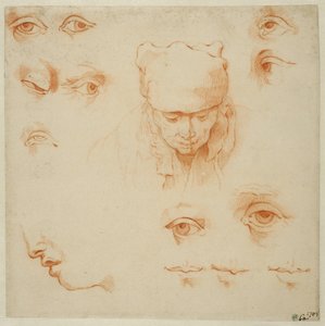 Cabeça de uma mulher idosa e estudos de olhos e bocas de Abraham Bloemaert