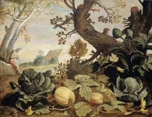 Paisagem com frutas e legumes em primeiro plano de Abraham Bloemaert