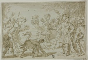 Soldados romanos apedrejando uma serpente de Abraham Bloemaert