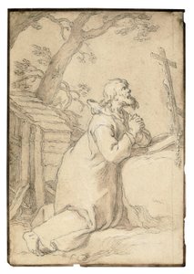 São Paulo de Phermae ajoelhado em oração diante de um crucifixo (giz preto, caneta e tinta marrom, lavagem marrom) de Abraham Bloemaert