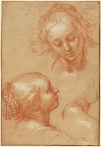 Três estudos de mulheres (anverso); quatro estudos de mãos e uma contraprova de um jovem ajoelhado (verso) de Abraham Bloemaert