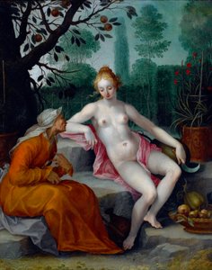 Vertumnus e Pomona (o deus das estações disfarça-se de mulher velha para entrar no pomar das ninfas) - Pintura de Abraham Bloemaert (1566-1651), óleo sobre cobre, c1605 - (Vertumnus e Pomona, de Abraham Bloemaert , óleo sobre cobre, c1605) de Abraham Bloemaert