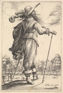 Um cavalheiro, visto por trás, caminhando para a direita com uma bengala e vestindo uma plumagem ..., 1629. de Abraham Bosse