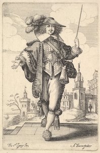 Um cavalheiro andando para a frente, com o braço direito estendido e um chicote na mão esquerda ..., 1629. de Abraham Bosse
