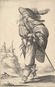 Um cavalheiro, caminhando para a esquerda e tirando sua espada da bainha, vestindo um plu..., 1629.