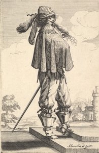 Um cavalheiro vestindo um casaco curto, um capacete e botas com esporas, de pé nos degraus de ..., 1629. de Abraham Bosse