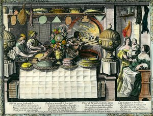Uma pastelaria no século XVII: a loja dos fundos onde os padeiros e pasteleiros fazem e cozinham bolos e pães, e os clientes na loja. A forma dos bolos fica pendurada na parede. Gravura de Abraham Bosse (1602-1676)