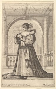 Uma mulher de pé, voltada para a esquerda de perfil, usando um chapéu e uma gola de renda, lendo ..., ca. 1629 de Abraham Bosse