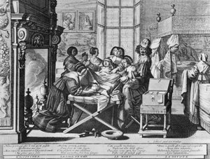 Série de gravura (forte de água) intitulada "O Casamento com a Cidade" de 1633 por Abraham Bosse - "Parto": no leito de trabalho. de Abraham Bosse
