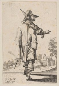 Cavalheiro visto de trás, apontando para um castelo, 1629. de Abraham Bosse