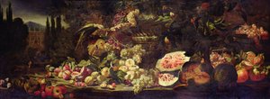 Natureza morta de fruta com um papagaio verde e um vaso de prata de Abraham Brueghel