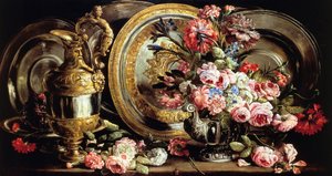 Natureza morta com prata e flores, de Abraham Brueghel (1631-1697), óleo sobre painel