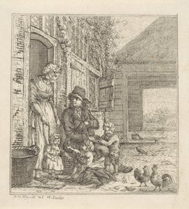 Homem e mulher com crianças à porta de uma porta de Abraham Bruinings Worrel