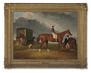 Retrato, de, senhor, george, bentincks cavalo, elis, com, cavaleiro, dia john, e, treinador, john, Doe, Doncaster, 1836 de Abraham Cooper