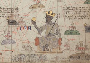 Detalhe do Atlas Catalão, folha 6, mostrando Mansa Musa entronizado, 1375