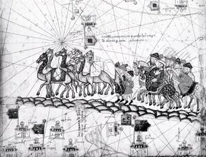 Ms Esp 20 painel 4, Mercadores viajando para Cathay, China, seguindo os passos de Marco Polos, detalhe mostrando a família de Marco Polo viajando de caravana de camelos, do Atlas catalão publicado por Charl de Abraham Cresques