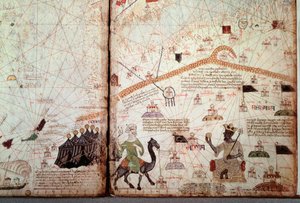 O detroit de Gibraltar e do Norte de África marca as bandeiras dos mouros, à direita o Rei do Mali Kanga Moussa (Kankou Moussa, ou Kankan Moussa ou Mansa Moussa), mostrando o Globe d