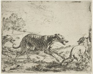A raposa e os três cães de Abraham Danielsz. Hondius