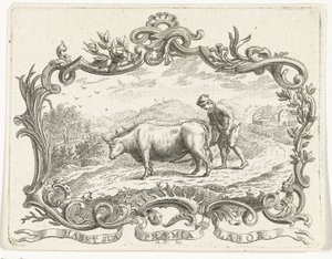 Agricultor que lavra um campo com dois bois, em cartucho de Abraham Delfos