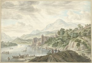 Paisagem montanhosa com um castelo sobre um rio de Abraham Delfos
