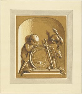 Putti de pé perto do medalhão com túmulo, em nicho