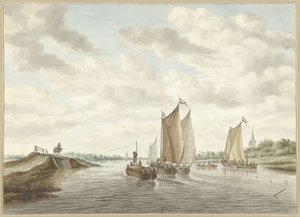 Paisagem fluvial com várias barcaças de Abraham Delfos