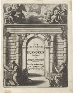Quatro evangelistas em torno de um portão Página de rosto para: Junius, Franciscus e Marshall, Thomas. Quatuor D. N. Jesus Christi S.S. Evangelia Gothicè e Anglo-Saxonicè, 1665 de Abraham Dircksz. Santvoort
