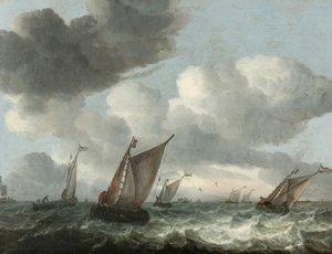 Barcos de pesca ao largo da costa num mar agitado (óleo sobre painel) de Abraham Hendricksz van Beyeren