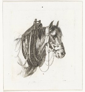 Cabeça de cavalo com freio, arreios e sela