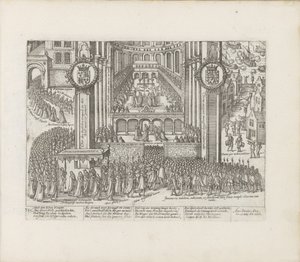 Vista do exterior da Abadia de Westminster durante a coroação de James I, 1603-1604. de Abraham Hogenberg