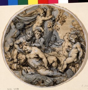 ""Bacchus endormi"" (Sleeping Bacchus) Ele está cercado por putti, sátiro Desenho a tinta de Abraham Jansz van Diepenbeeck (1596-1675) Museu Pushkin do século XVII, Moscou