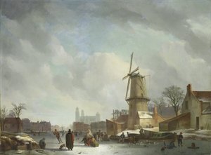 Brincando em um canal congelado em uma cidade de Abraham Johannes Couwenberg