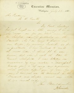 Carta assinada por A. Lincoln, Executive Mansion, Washington, a Sua Excelência, H.R. Gamble, 23 de julho de 1863