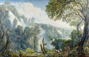 As quedas de Tivoli com um homem sentado abaixo do templo da Sibila (caneta, tinta, wc, guache) de Abraham Louis Rudolph Ducros