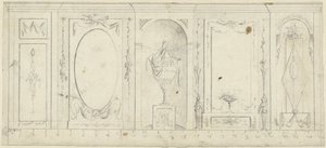 Design para decoração de quartos com cinco painéis, o do meio com vaso ornamental de Abraham Meertens
