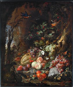 Flores, frutos, pássaros e insectos numa paisagem de ruínas ... de Abraham Mignon