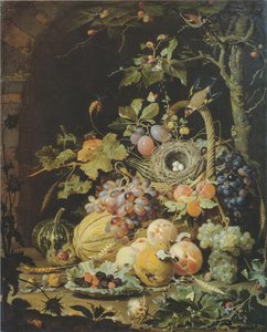 Alemão: Ein Vogelnest im Fruchtkorb Um ninho de pássaro num cesto de fruta de Abraham Mignon
